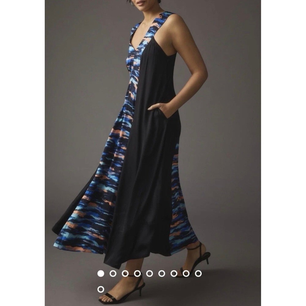 Anthropologie Black Maxi Dress with Blue & Rust Print Panels